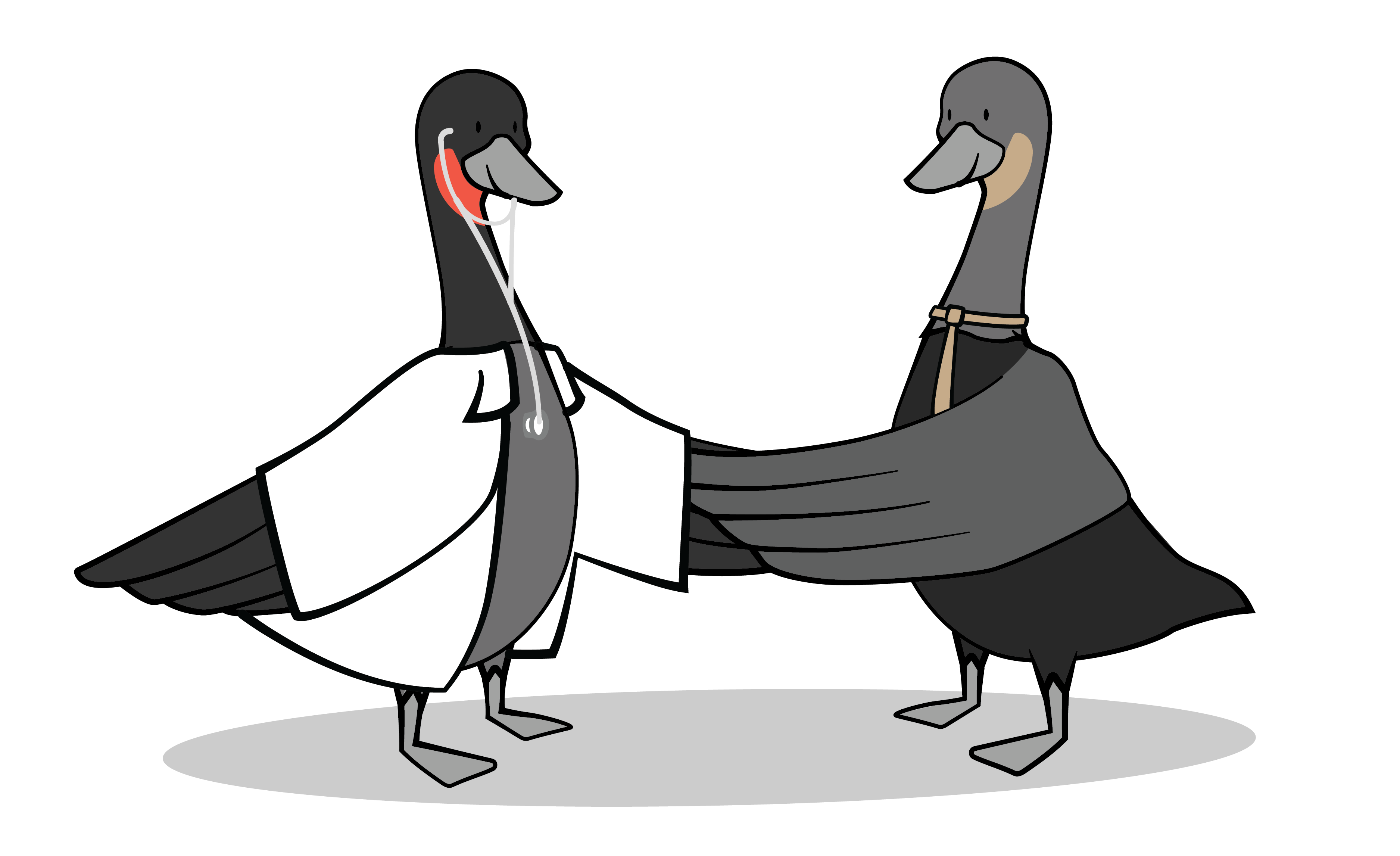 Doctor goose with stethoscope shaking hands with goose wearing necktie