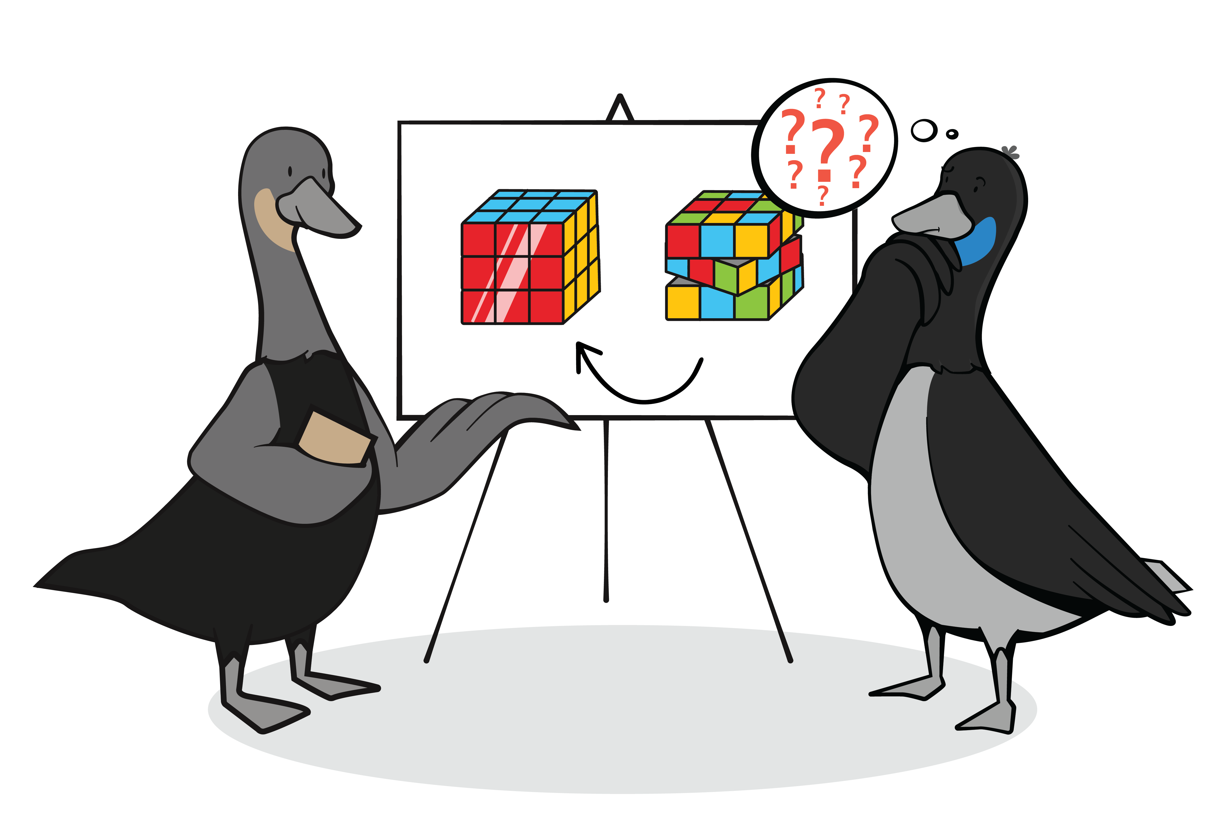Goose explaining to another goose how to solve a Rubik's Cube with a poster under header Frequently Asked Questions