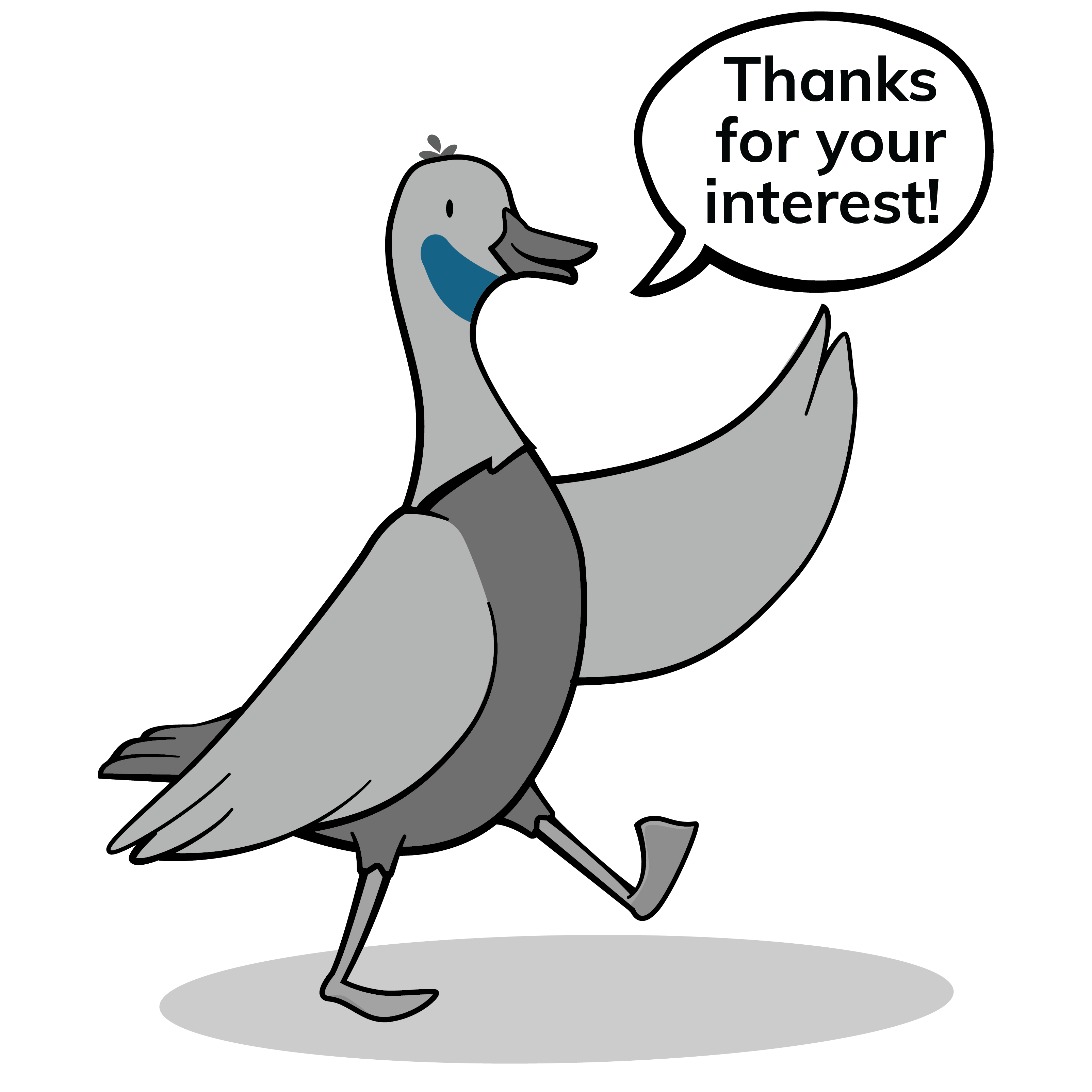 Goose holding a thumbs up icon with speech bubble saying 